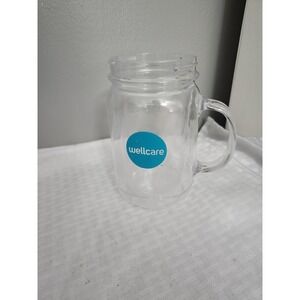 Wellcare Clear Plastic Mason Jar Mug with Handle Blue Logo Promotional Cup